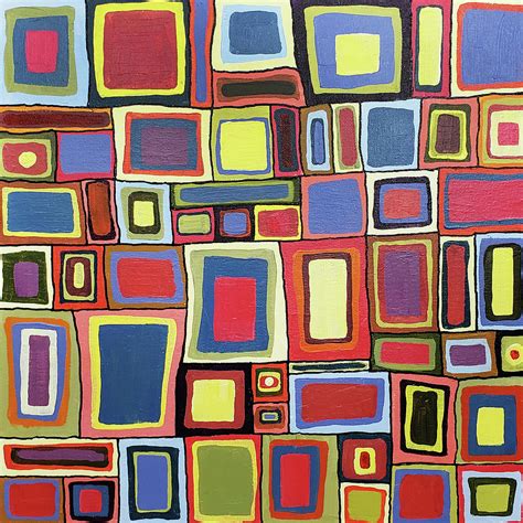 TIMES SQUARED RETRO Abstract of Squares in Red Blue Yellow Green Black Painting by Lynnie Lang ...