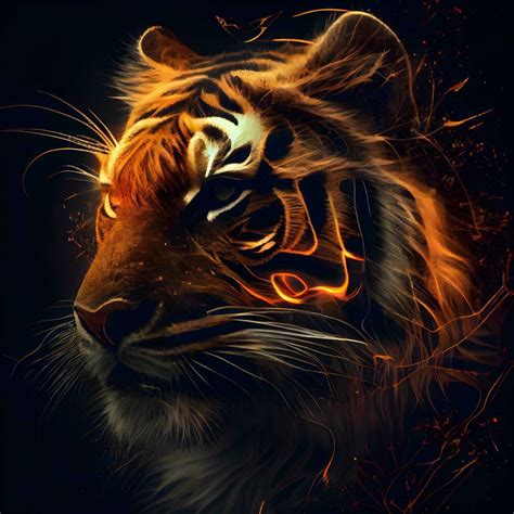 Tiger head with fire flames on a dark background. Abstract tiger ...