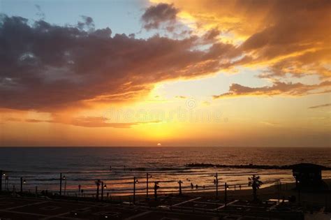 Sunset above Haifa beach stock photo. Image of orange - 88367864