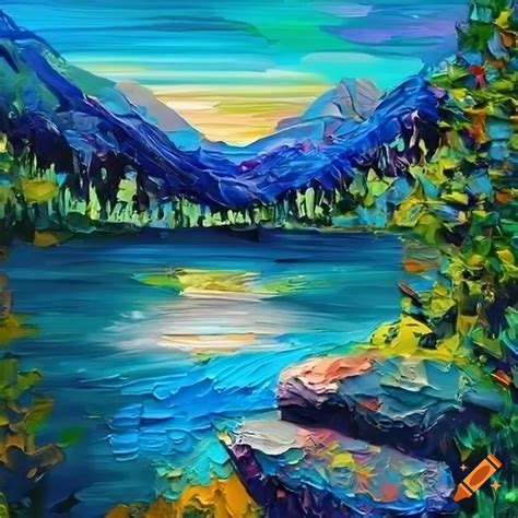 Palette knife artwork of a peaceful mountain lake on Craiyon