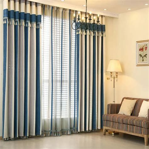 Modern Vertical Striped Curtains with Top Valance Fringes Printing Jacquard for Living Room ...