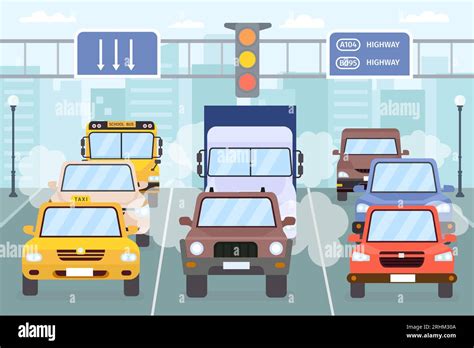 Traffic jam. Cars on city road smoke, smog and exhaust gas. Vehicle, taxi, truck and bus urban ...