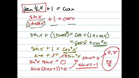 Solve tan(x/2) + 1 = cosx - YouTube