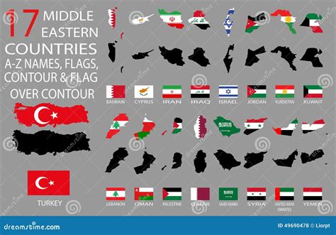 17 Middle Eastern Countries - A-Z Names, Flags, Contour And Map Over Contour Stock Vector ...