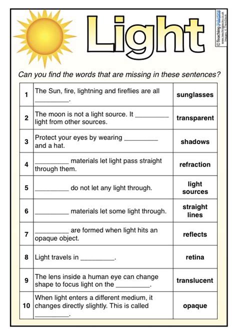 Grade 8 Light Worksheet