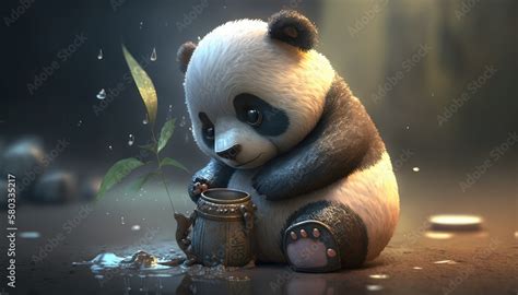 cute baby panda sad in the forest. Created with Generative AI. Stock Illustration | Adobe Stock