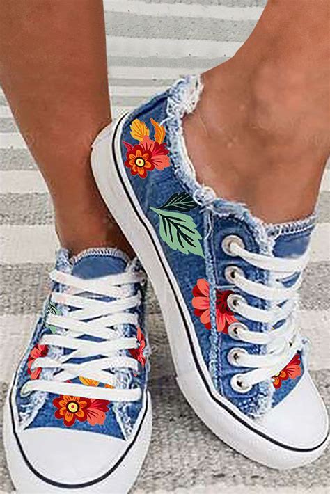 Floral Canvas Flat Shoes Blue | Denim sneakers, Sneakers, Canvas shoes