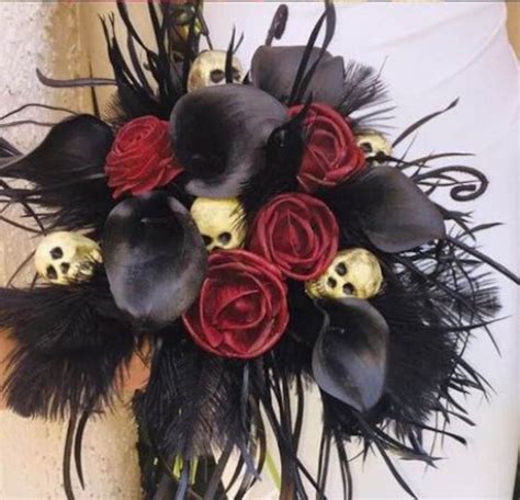 Gothic Wood Flower Bouquet Dark Red Rose, Black Calla Lily, Goth Wedding Bouquet, Skulls, Scent ...