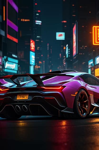 Premium Photo | A purple lamborghini is parked in front of a neon sign ...