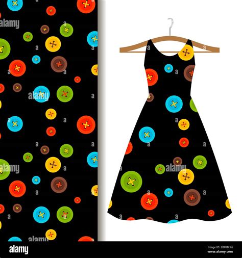 Women dress fabric pattern design on a hanger with sewing on black background. Vector ...