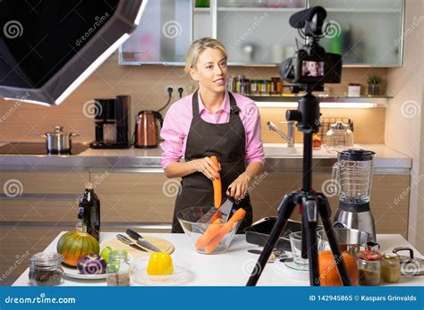 Woman Making Cooking Vlog, Recording Herself on Camera Stock Image - Image of internet, health ...