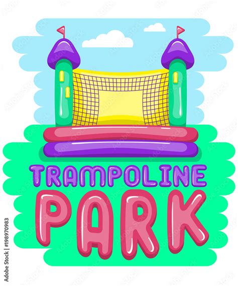 Trampoline park card with bouncy castle. Bright cartoon style. Eps 10 ...