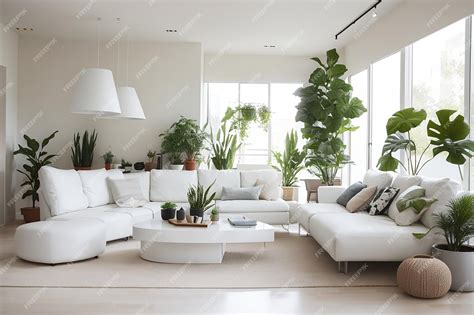 Premium AI Image | Modern living room with white furniture and plants