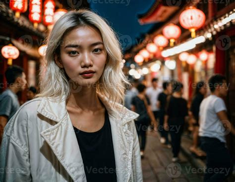 photo of beautiful young girl in china local street market at night, generative AI 34920385 ...