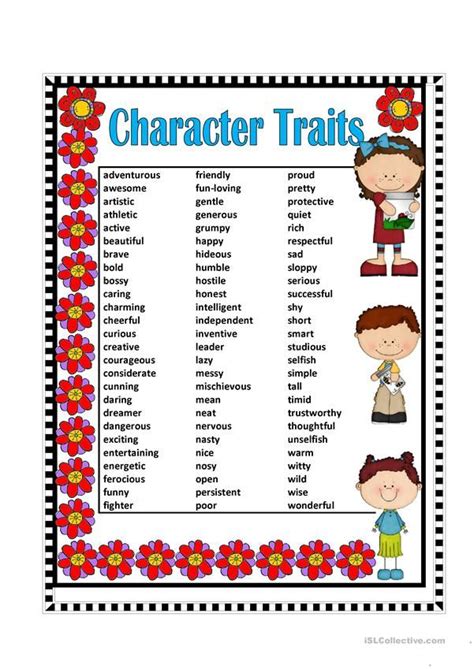 Character Traits - English ESL Worksheets | Character trait worksheets, Character traits for ...