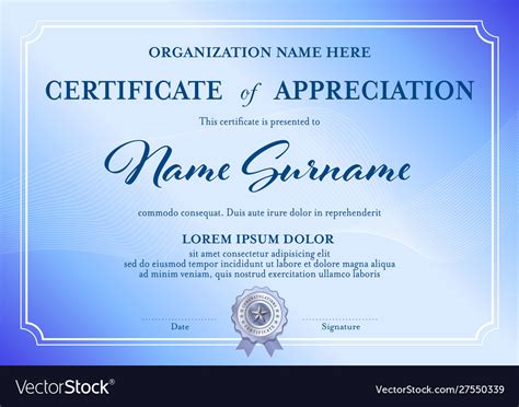 Classic certificate appreciation template blue Vector Image