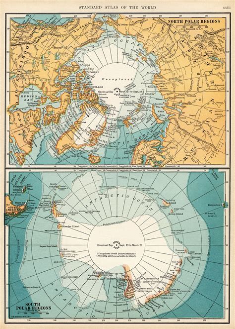 North and South Polar regions, vintage map download, antique map, C. S. Hammond, north pole map ...