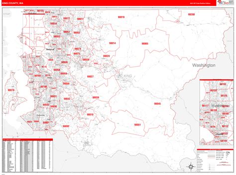 King County, WA Zip Code Wall Map Red Line Style by MarketMAPS - MapSales