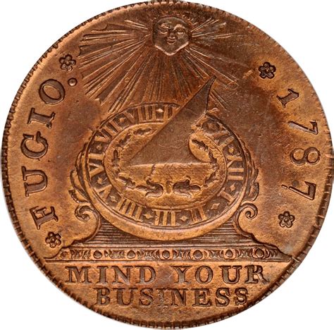 Fugio Cent or first American one cent penny. Designed by Ben Franklin. It reads, "Mind your ...