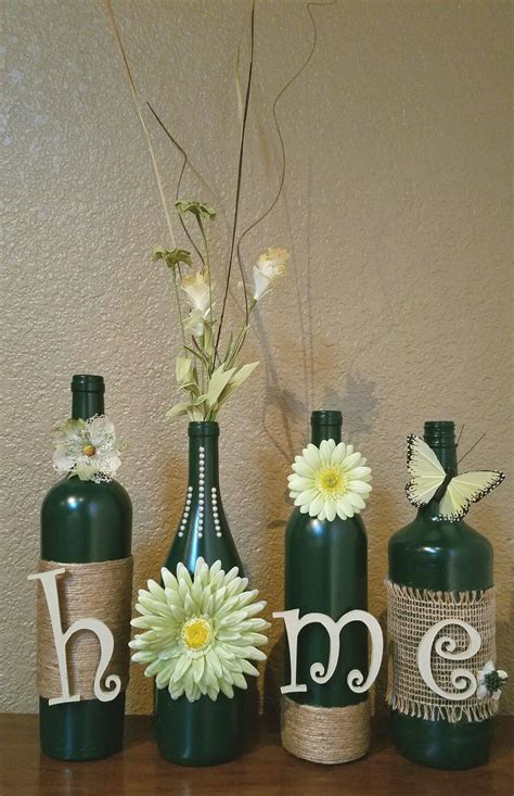 Dark Green "Home" decorated wine bottles #DIYHomeDecorWineBottles | Wine bottle decor, Wine ...