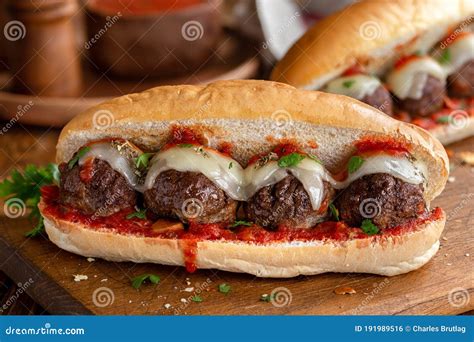 Meatball Sandwich on a Hoagie Roll Stock Photo - Image of roll, wooden ...