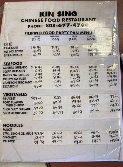 Menu at Kin Sing Chinese Fast Food, Waipahu