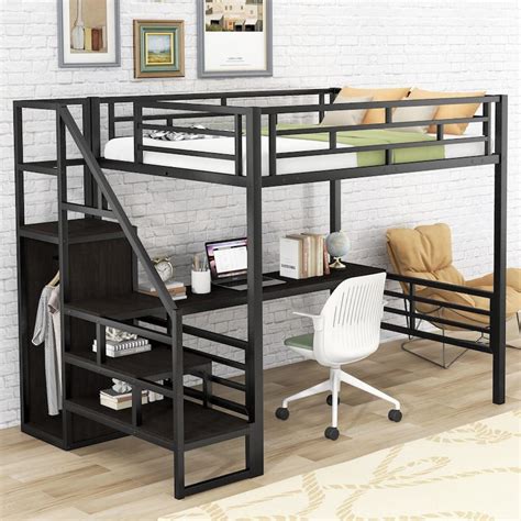 Black Metal Full Size Loft Bed with Desk, Storage Staircase and Wardrobe, Sturdy Frame ...