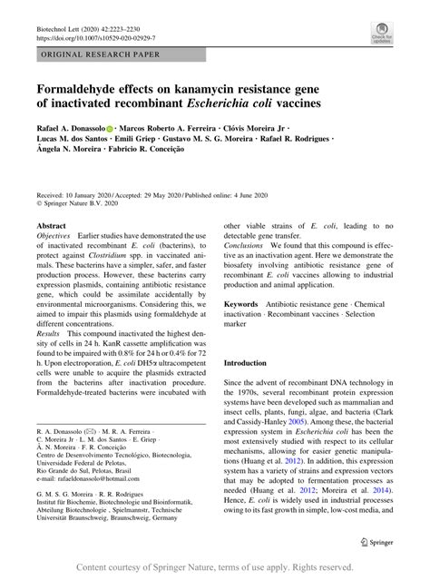 Formaldehyde effects on kanamycin resistance gene of inactivated recombinant Escherichia coli ...