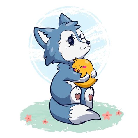 Premium Vector | Kawaii wolf and duck hand drawn style animal cartoon character