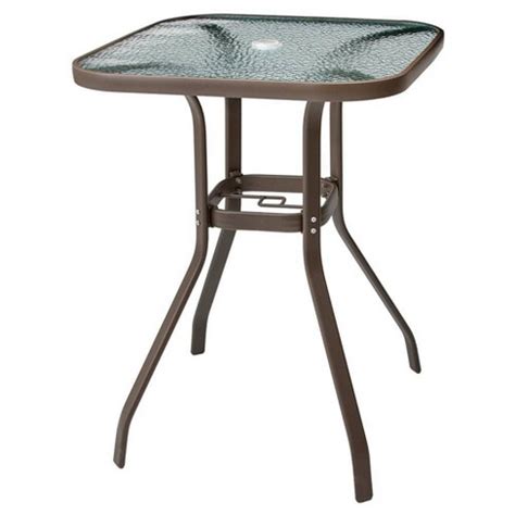 Square Patio Bar Height Table With Tempered Glass Top & Umbrella Hole - Brown - Crestlive ...