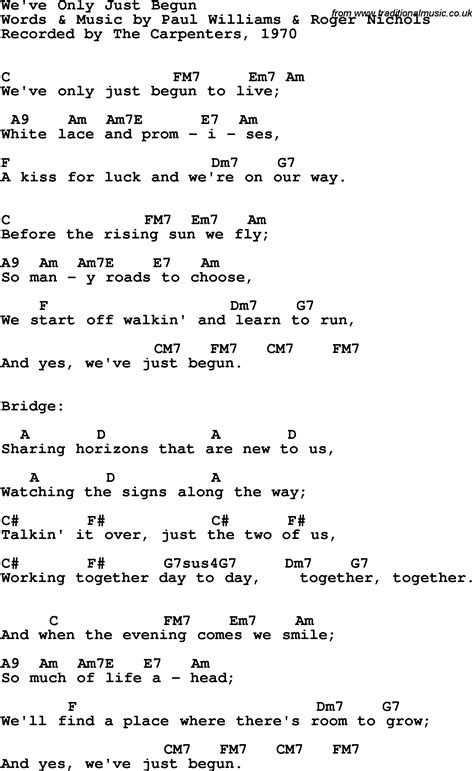 Song lyrics with guitar chords for We've Only Just Begun - Carpenters ...