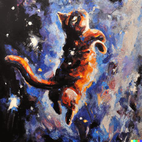 an expressive oil painting of a cat jumping, depicted an an explosion of a nebula : r/dalle2