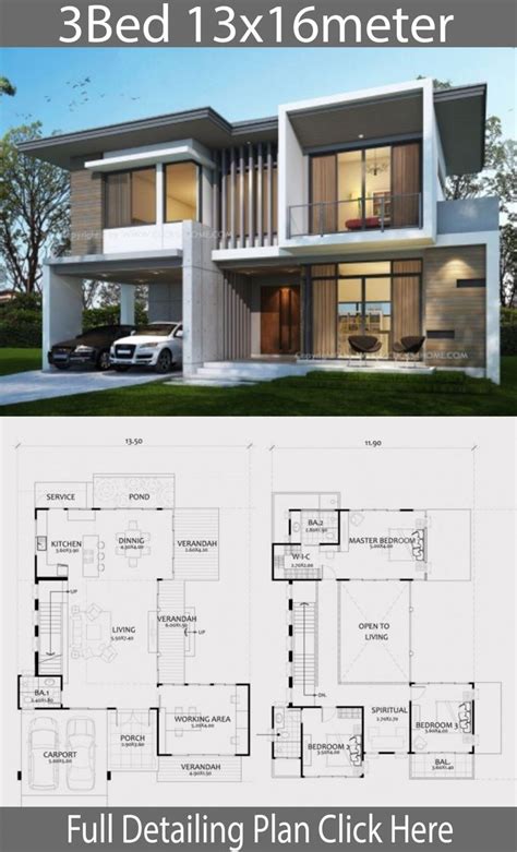 Home design plan 13x16m with 3 bedrooms With images in 2021 | Beautiful house plans, Two story ...