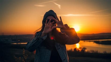 Premium AI Image | A woman is holding her hands up in front of a sunset.