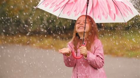 Cheerful Girl with Umbrella Under Rain, Stock Footage | VideoHive