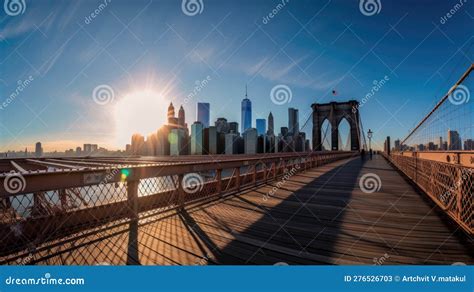 Sunrise Over Brooklyn Bridge and Downtown New York City Stock Illustration - Illustration of ...