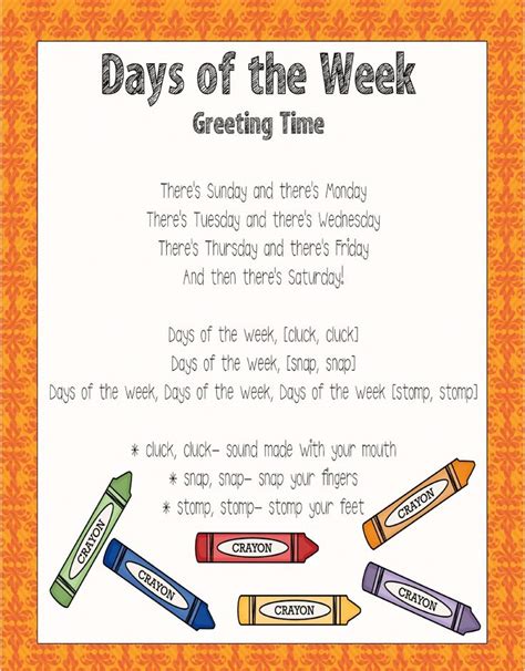 the days of the week poster with crayons and pencils in front of it