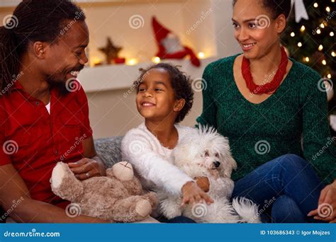 Smiling Black Family with Presents at Christmas Stock Image - Image of ...