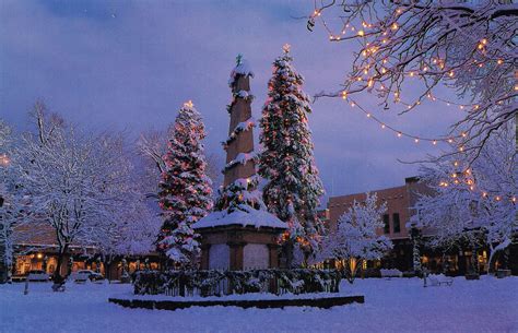 Santa Fe Plaza in snow, New Mexico postcard Santa Fe Plaza, Holiday Pictures, New Mexico, Lamp ...