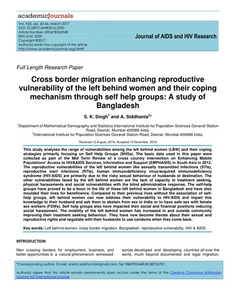 (PDF) Cross border migration enhancing reproductive vulnerability of the left behind women and ...