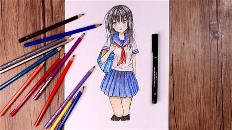 Easy Way to Draw an Anime School Girl for Beginners | Colored Pencils Drawing Tutorial - YouTube