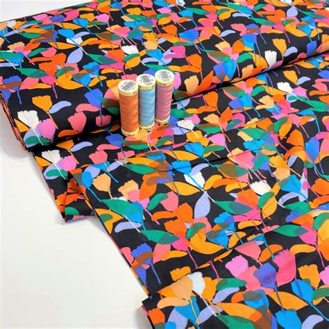 PIMA cotton lawn fabric – Isabella – bright leaves on black – Gather N Sew