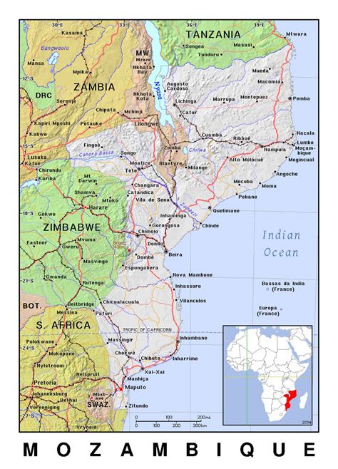 Detailed political map of Mozambique with relief | Mozambique | Africa | Mapsland | Maps of the ...