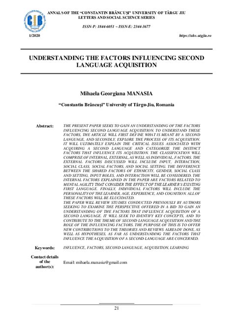 (PDF) UNDERSTANDING THE FACTORS INFLUENCING SECOND LANGUAGE ACQUISITION | Mihaela Manasia ...