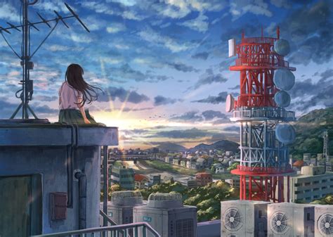 anime-girl-sit-scenic-buildings-sunset-back-view-clouds-anime Scenery Background, Scenery ...