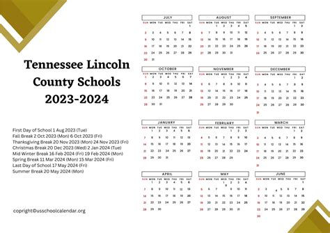 Tennessee Lincoln County Schools Calendar 2023-2024