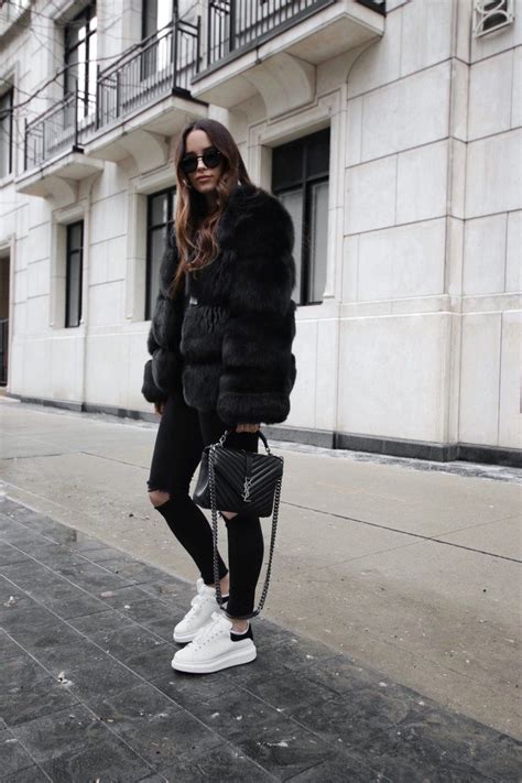 Black fur outfit and Alexander McQueen sneakers | Black fur outfit ...