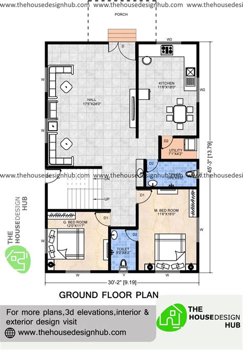 30 X 45 Ft Two-Bedroom House Plan Under 1500 Sq Ft | The House Design Hub