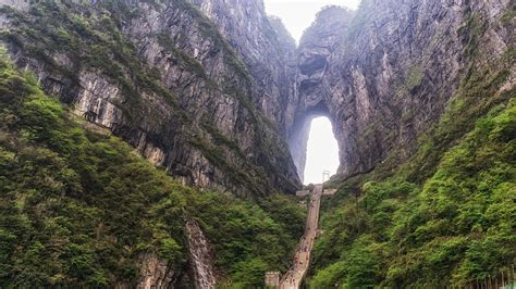 nature, landscape, far view, mountains, trees, rocks, hole, stairs, people, Tianmen Mountain ...