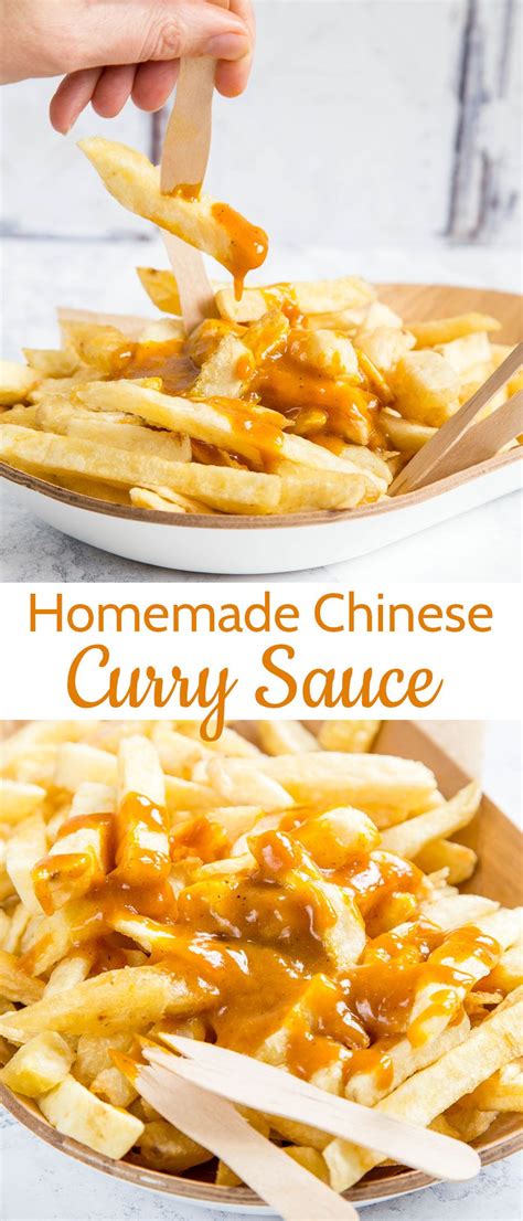 This homemade takeaway Chinese curry sauce - served British chip shop style on fat chips is so ...